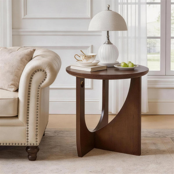 English Elm 100% Solid Wood Round Side Tables Set of Two with U-shaped Base for Living Room W5368P495794