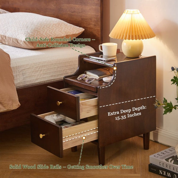 English Elm Solid Wood Two Drawer Nightstand with Silent Glide Rails and Open Shelf for Bedroom W5368P497697