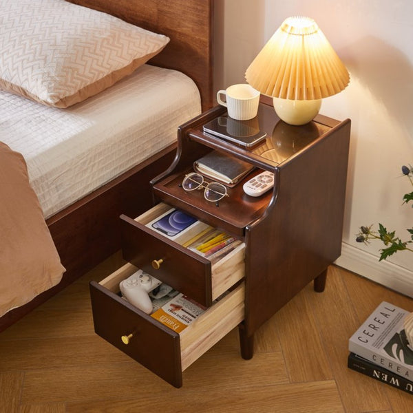 English Elm Solid Wood Two Drawer Nightstand with Silent Glide Rails and Open Shelf for Bedroom W5368P497697