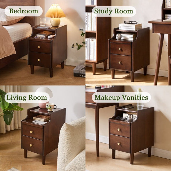 English Elm Solid Wood Two Drawer Nightstand with Silent Glide Rails and Open Shelf for Bedroom W5368P497697