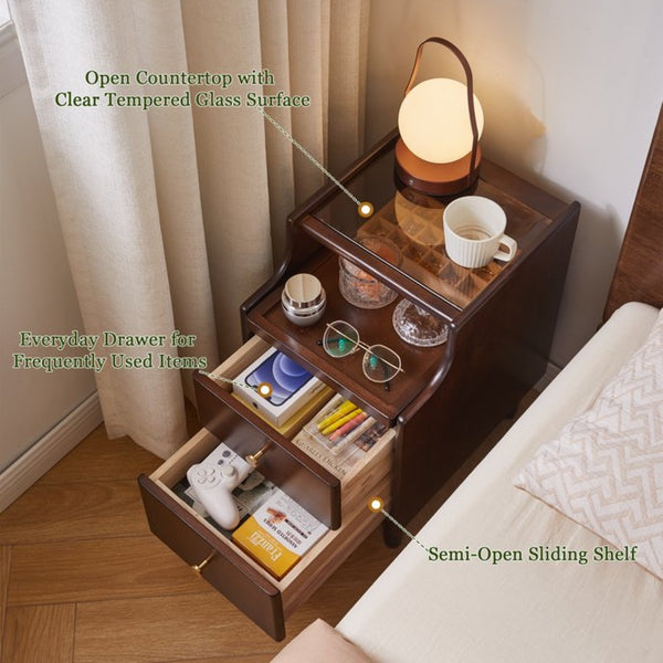 English Elm Solid Wood Two Drawer Nightstand with Silent Glide Rails and Open Shelf for Bedroom W5368P497697