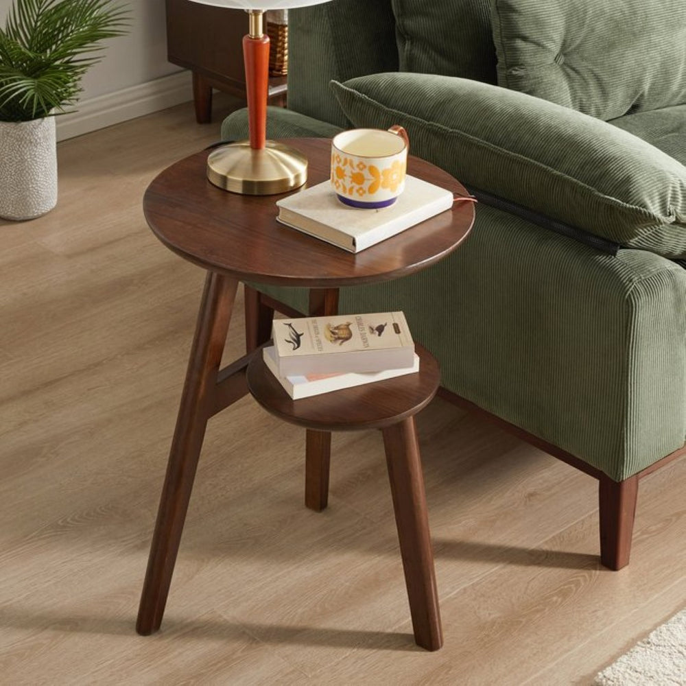 English Elm 100% Solid Rubberwood Round End Table Two-tier Walnut Mid-century Living Room Side W5368P497699