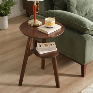English Elm 100% Solid Rubberwood Round End Table Two-tier Walnut Mid-century Living Room Side W5368P497699