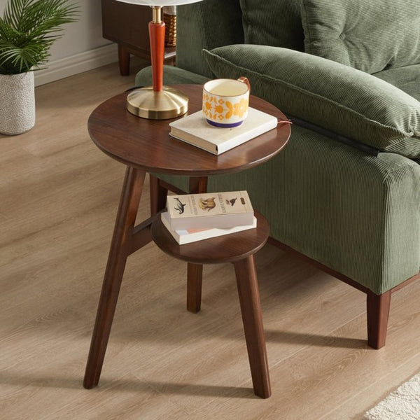 English Elm 100% Solid Rubberwood Round End Table Two-tier Walnut Mid-century Living Room Side W5368P497699