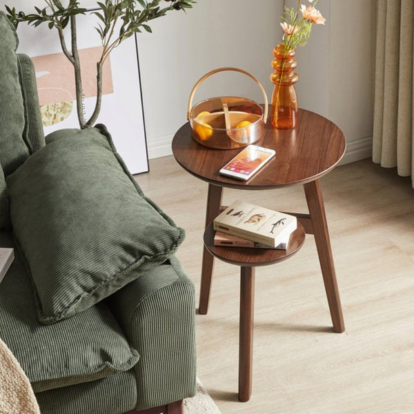 English Elm 100% Solid Rubberwood Round End Table Two-tier Walnut Mid-century Living Room Side W5368P497699