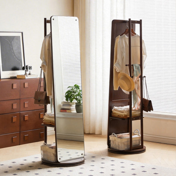 English Elm Rotating Full Length Mirror Solid Wood Swivel Stand with Hanging Rack Bedroom Storage W5368P497702