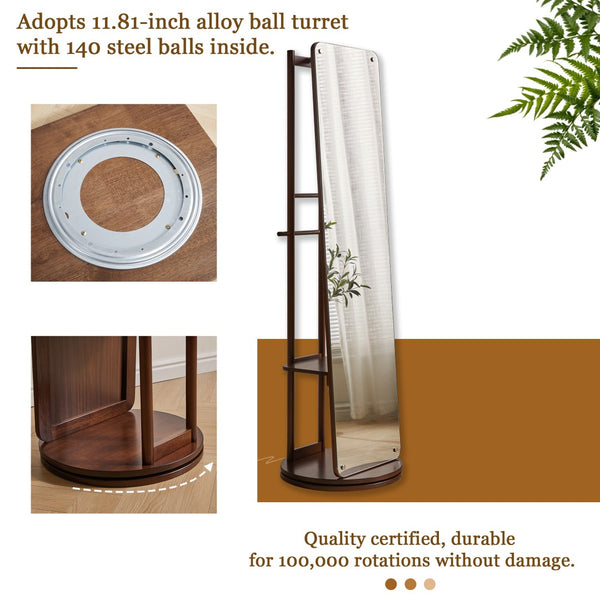 English Elm Rotating Full Length Mirror Solid Wood Swivel Stand with Hanging Rack Bedroom Storage W5368P497702