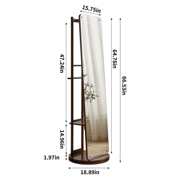 English Elm Rotating Full Length Mirror Solid Wood Swivel Stand with Hanging Rack Bedroom Storage W5368P497702