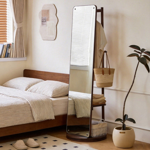 English Elm Rotating Full Length Mirror Solid Wood Swivel Stand with Hanging Rack Bedroom Storage W5368P497702