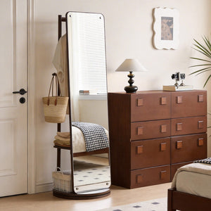 English Elm Rotating Full Length Mirror Solid Wood Swivel Stand with Hanging Rack Bedroom Storage W5368P497702
