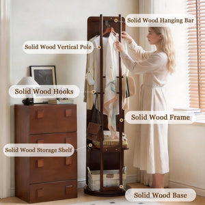 English Elm Rotating Full Length Mirror Solid Wood Swivel Stand with Hanging Rack Bedroom Storage W5368P497702
