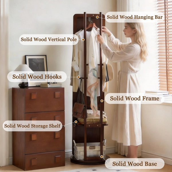 English Elm Rotating Full Length Mirror Solid Wood Swivel Stand with Hanging Rack Bedroom Storage W5368P497702