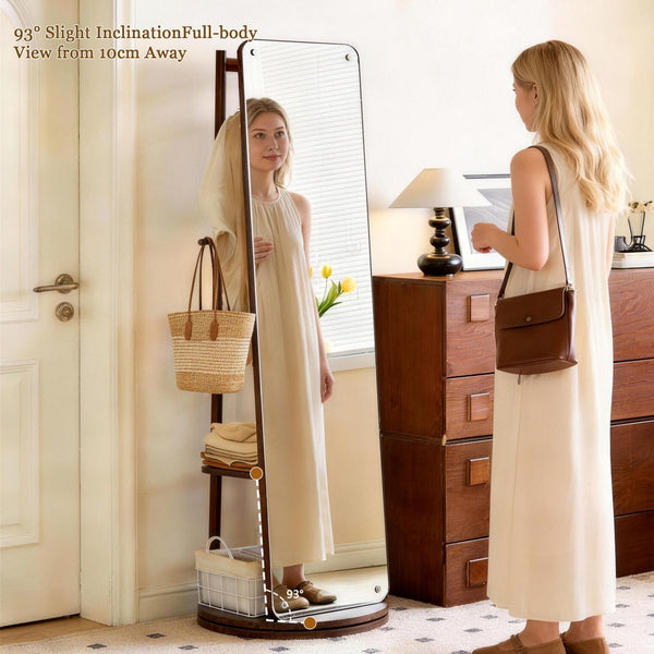 English Elm Rotating Full Length Mirror Solid Wood Swivel Stand with Hanging Rack Bedroom Storage W5368P497702
