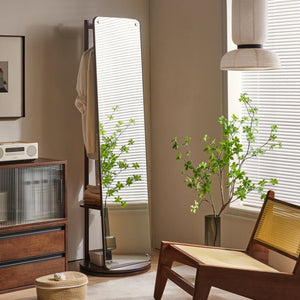 English Elm Rotating Full Length Mirror Solid Wood Swivel Stand with Hanging Rack Bedroom Storage W5368P497702