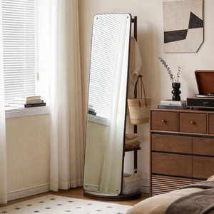 English Elm Rotating Full Length Mirror Solid Wood Swivel Stand with Hanging Rack Bedroom Storage W5368P497702