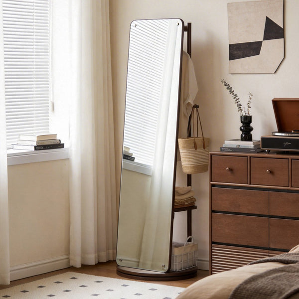 English Elm Rotating Full Length Mirror Solid Wood Swivel Stand with Hanging Rack Bedroom Storage W5368P497702