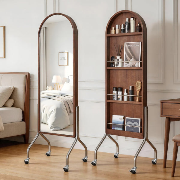 English Elm Arched Rubberwood Floor Mirror Rolling Storage Shelves Freestanding Dressing Vanity Cart W5368P497704