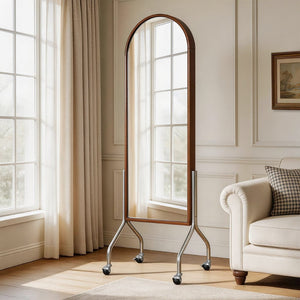 English Elm Arched Rubberwood Floor Mirror Rolling Storage Shelves Freestanding Dressing Vanity Cart W5368P497704