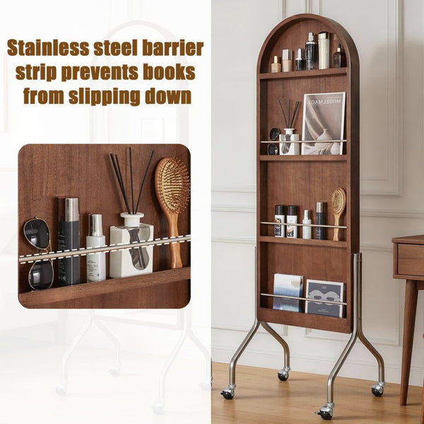 English Elm Arched Rubberwood Floor Mirror Rolling Storage Shelves Freestanding Dressing Vanity Cart W5368P497704
