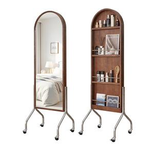 English Elm Arched Rubberwood Floor Mirror Rolling Storage Shelves Freestanding Dressing Vanity Cart W5368P497704