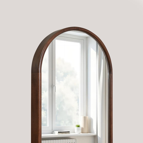 English Elm Arched Rubberwood Floor Mirror Rolling Storage Shelves Freestanding Dressing Vanity Cart W5368P497704