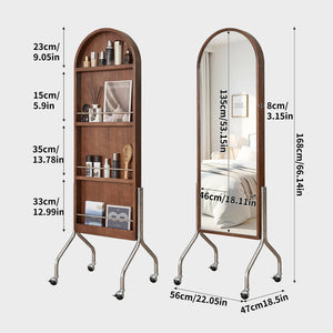 English Elm Arched Rubberwood Floor Mirror Rolling Storage Shelves Freestanding Dressing Vanity Cart W5368P497704