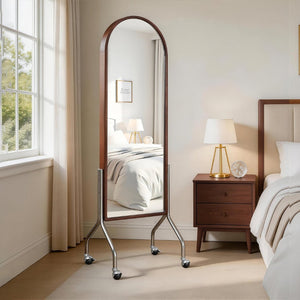 English Elm Arched Rubberwood Floor Mirror Rolling Storage Shelves Freestanding Dressing Vanity Cart W5368P497704