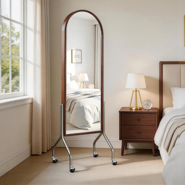 English Elm Arched Rubberwood Floor Mirror Rolling Storage Shelves Freestanding Dressing Vanity Cart W5368P497704
