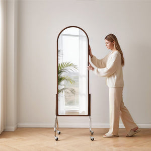 English Elm Arched Rubberwood Floor Mirror Rolling Storage Shelves Freestanding Dressing Vanity Cart W5368P497704