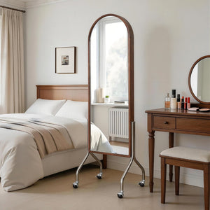 English Elm Arched Rubberwood Floor Mirror Rolling Storage Shelves Freestanding Dressing Vanity Cart W5368P497704