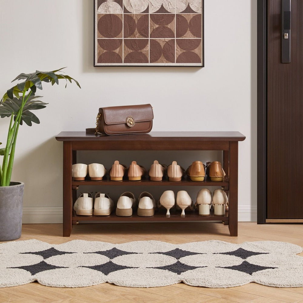 English Elm 2-Tier Solid Wood Entryway Bench with Open Shoe Shelving and Warm Natural Finish W5368P499332
