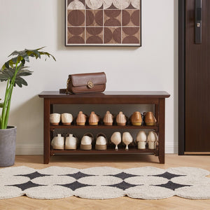 English Elm 2-Tier Solid Wood Entryway Bench with Open Shoe Shelving and Warm Natural Finish W5368P499332