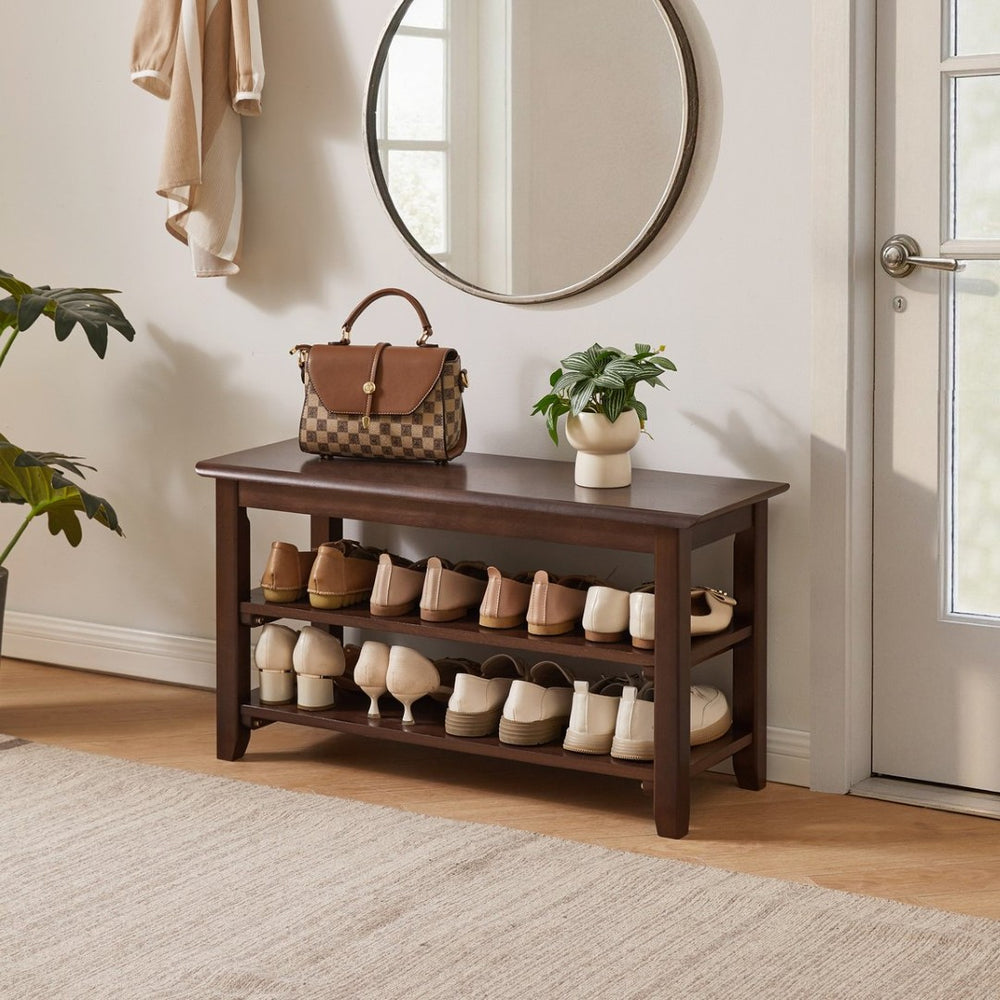 English Elm 2-Tier Solid Wood Entryway Bench with Open Shoe Shelving and Warm Natural Finish W5368P499332