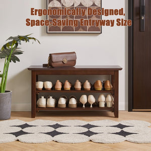 English Elm 2-Tier Solid Wood Entryway Bench with Open Shoe Shelving and Warm Natural Finish W5368P499332