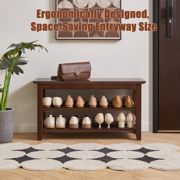 English Elm 2-Tier Solid Wood Entryway Bench with Open Shoe Shelving and Warm Natural Finish W5368P499332