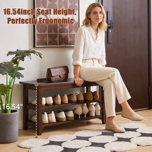 English Elm 2-Tier Solid Wood Entryway Bench with Open Shoe Shelving and Warm Natural Finish W5368P499332