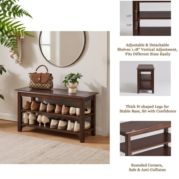 English Elm 2-Tier Solid Wood Entryway Bench with Open Shoe Shelving and Warm Natural Finish W5368P499332