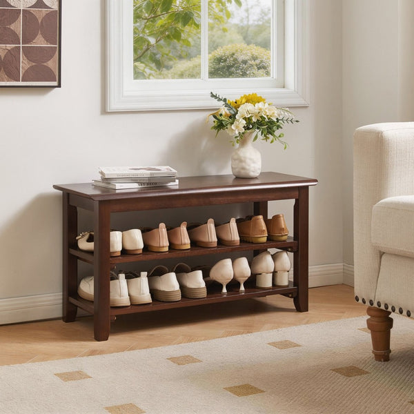 English Elm 2-Tier Solid Wood Entryway Bench with Open Shoe Shelving and Warm Natural Finish W5368P499332