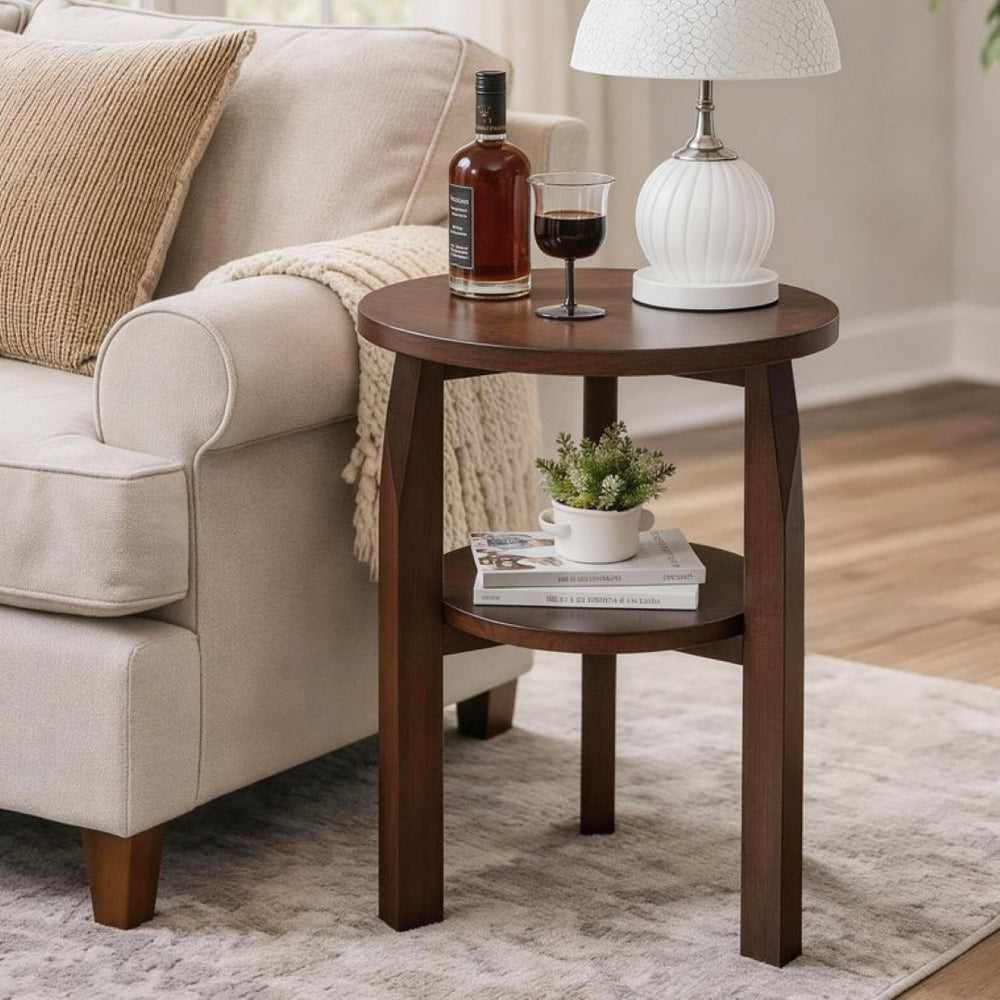 English Elm Solid Rubberwood Two-tier Round Side Table with Open Shelf for Living Room or Bedroom W5368P499371