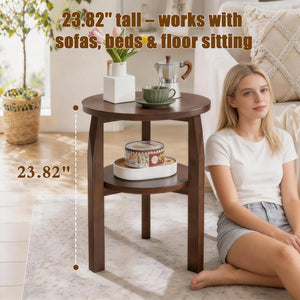 English Elm Solid Rubberwood Two-tier Round Side Table with Open Shelf for Living Room or Bedroom W5368P499371