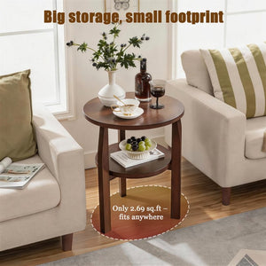 English Elm Solid Rubberwood Two-tier Round Side Table with Open Shelf for Living Room or Bedroom W5368P499371
