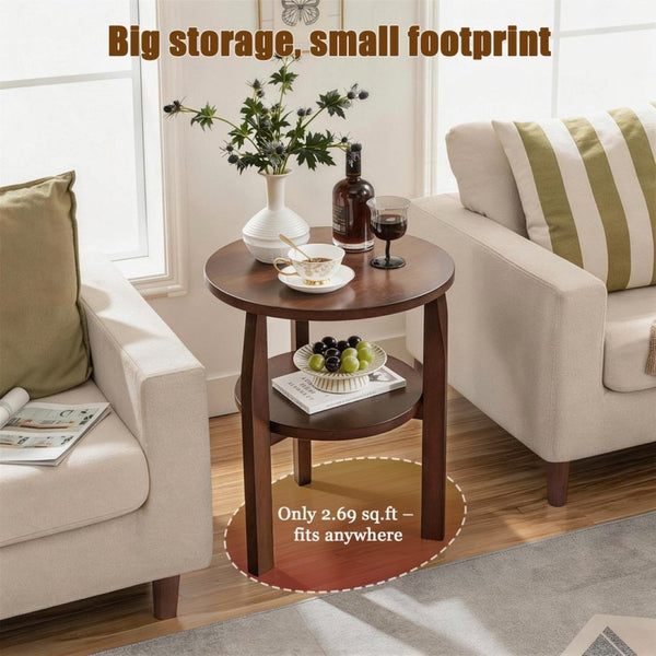 English Elm Solid Rubberwood Two-tier Round Side Table with Open Shelf for Living Room or Bedroom W5368P499371