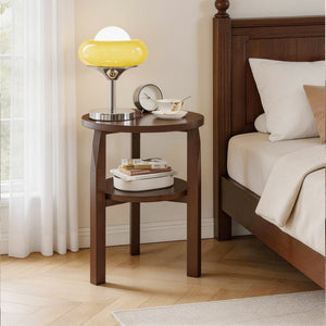 English Elm Solid Rubberwood Two-tier Round Side Table with Open Shelf for Living Room or Bedroom W5368P499371