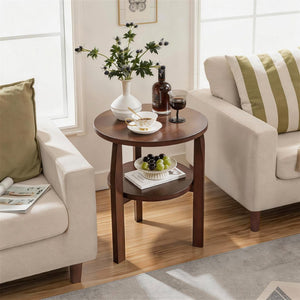 English Elm Solid Rubberwood Two-tier Round Side Table with Open Shelf for Living Room or Bedroom W5368P499371