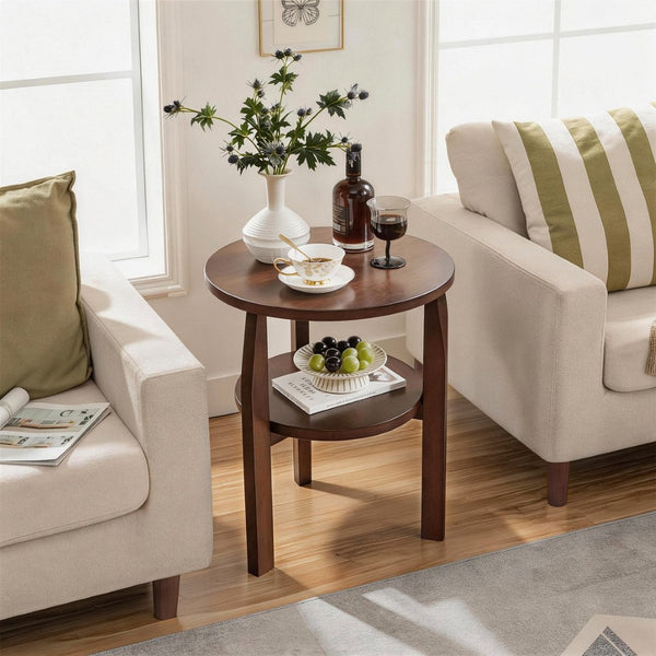 English Elm Solid Rubberwood Two-tier Round Side Table with Open Shelf for Living Room or Bedroom W5368P499371