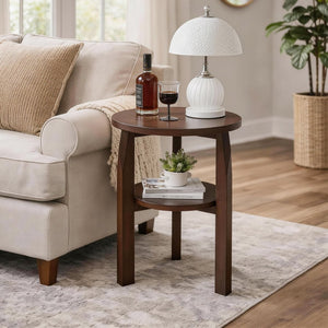 English Elm Solid Rubberwood Two-tier Round Side Table with Open Shelf for Living Room or Bedroom W5368P499371
