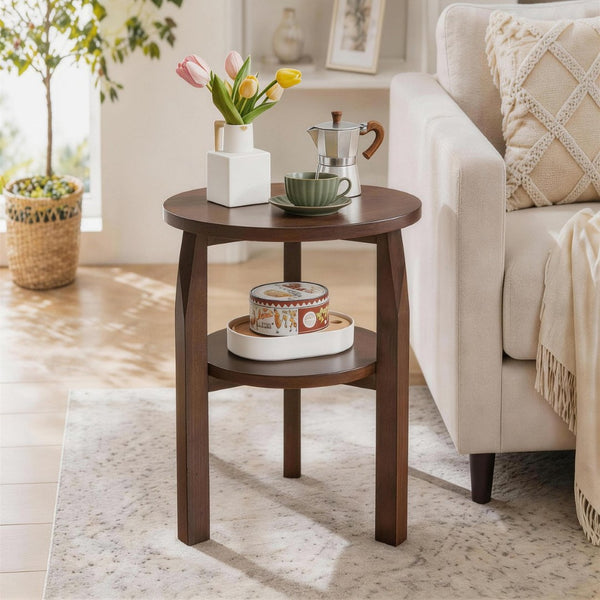 English Elm Solid Rubberwood Two-tier Round Side Table with Open Shelf for Living Room or Bedroom W5368P499371