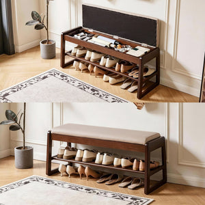 English Elm Wood Entryway Bench with Vegan Leather Seat Lift Top Compartment and Tiered Shoe Shelves Off-White+Pecan W5368P499423