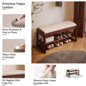 English Elm Wood Entryway Bench with Vegan Leather Seat Lift Top Compartment and Tiered Shoe Shelves Off-White+Pecan W5368P499423