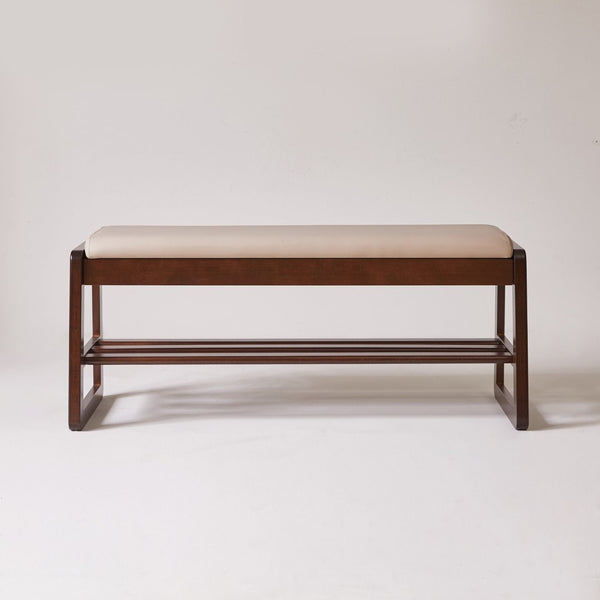 English Elm Wood Entryway Bench with Vegan Leather Seat Lift Top Compartment and Tiered Shoe Shelves Off-White+Pecan W5368P499423